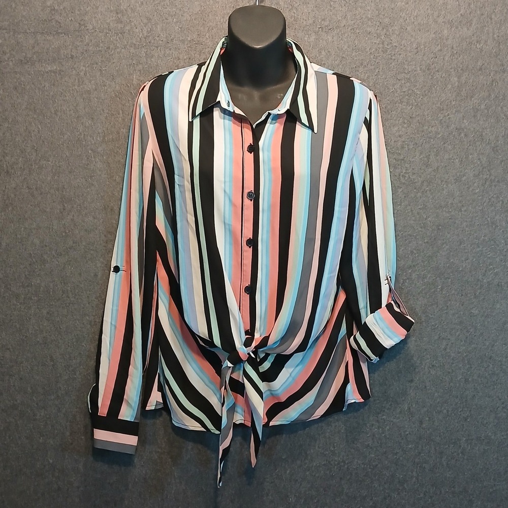 Zoey & Leelo M sheer stripe tie blouse roll tab long sleeve retro chic 70s